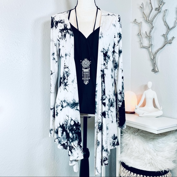 djt fashion Sweaters - DJT Fashion Tie Dye Open Front Cardigan Black and White Large